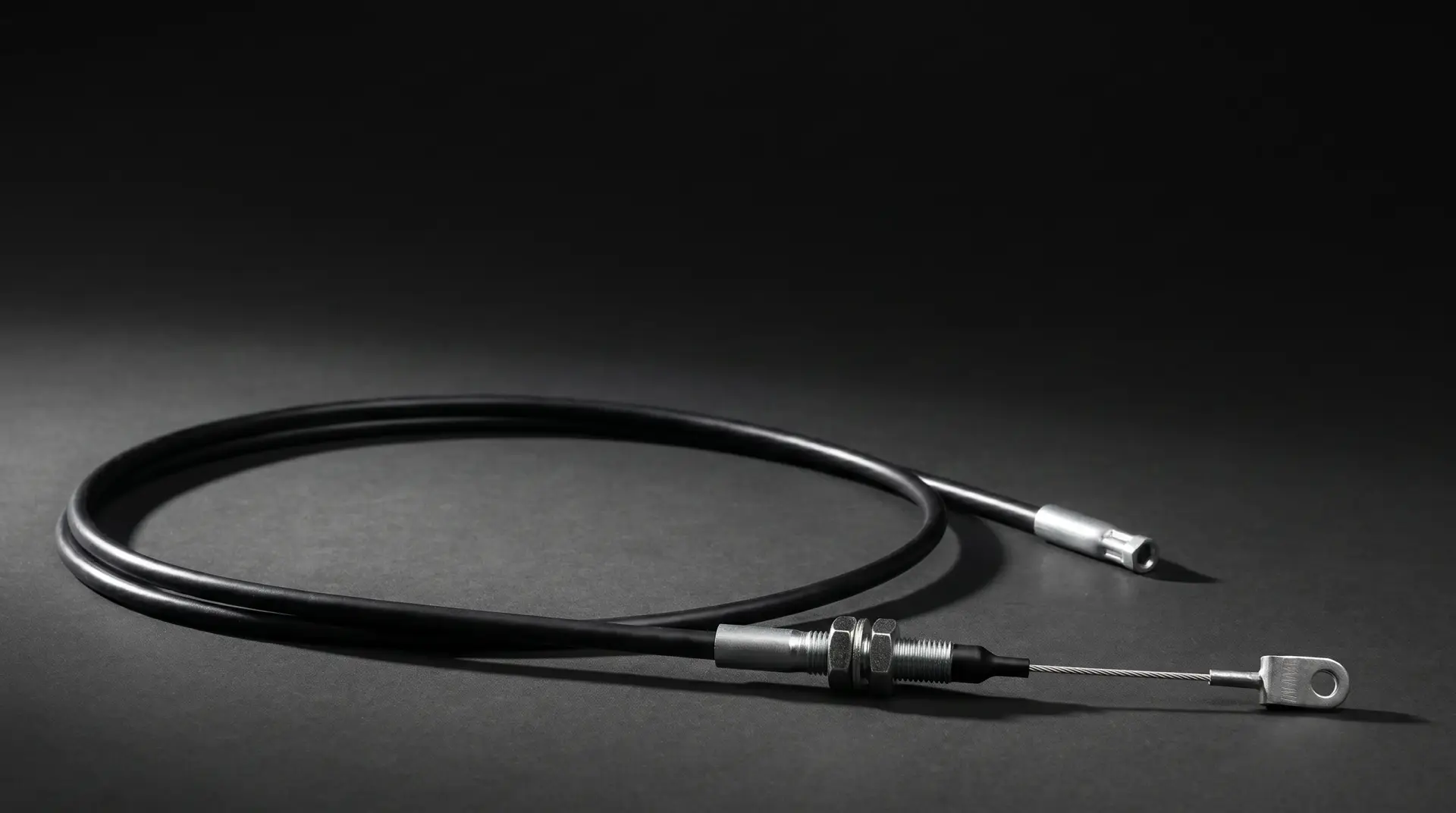 Ilustración de un cable pull-only industrial con ajustador roscado de dos tuercas y alma de acero con ojillo.